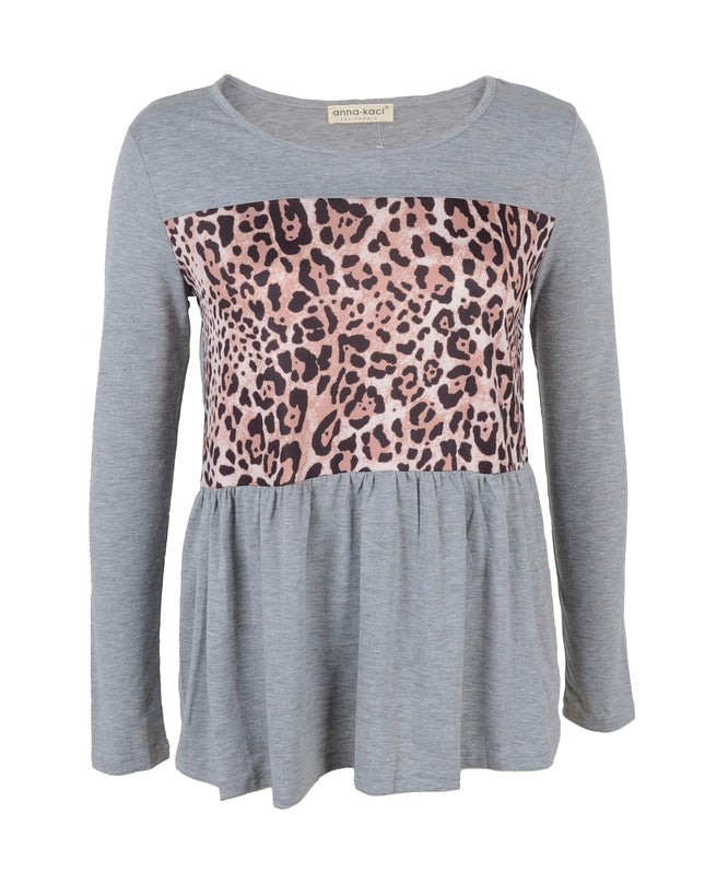 Leopard Panel Shirred Bottom Sweater Dash-4u