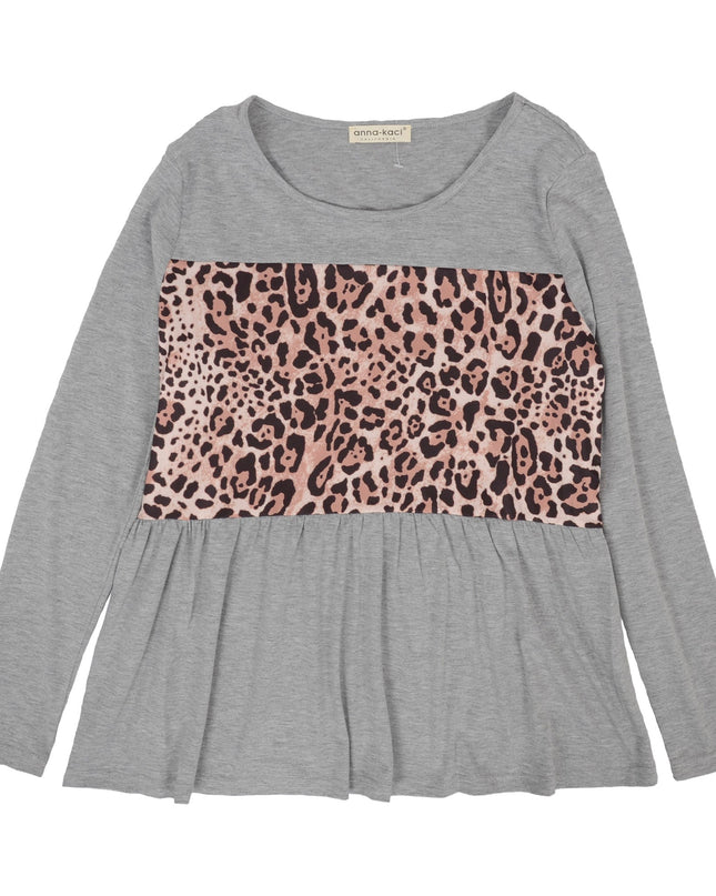Leopard Panel Shirred Bottom Sweater Dash-4u