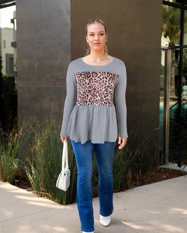 Leopard Panel Shirred Bottom Sweater Dash-4u
