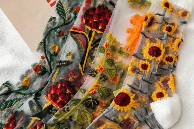 BotaniBabe Sheer Bloom Socks – Embroidered Crystal Silk Socks Dash-4u