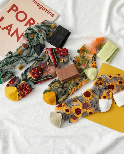 BotaniBabe Sheer Bloom Socks – Embroidered Crystal Silk Socks Dash-4u