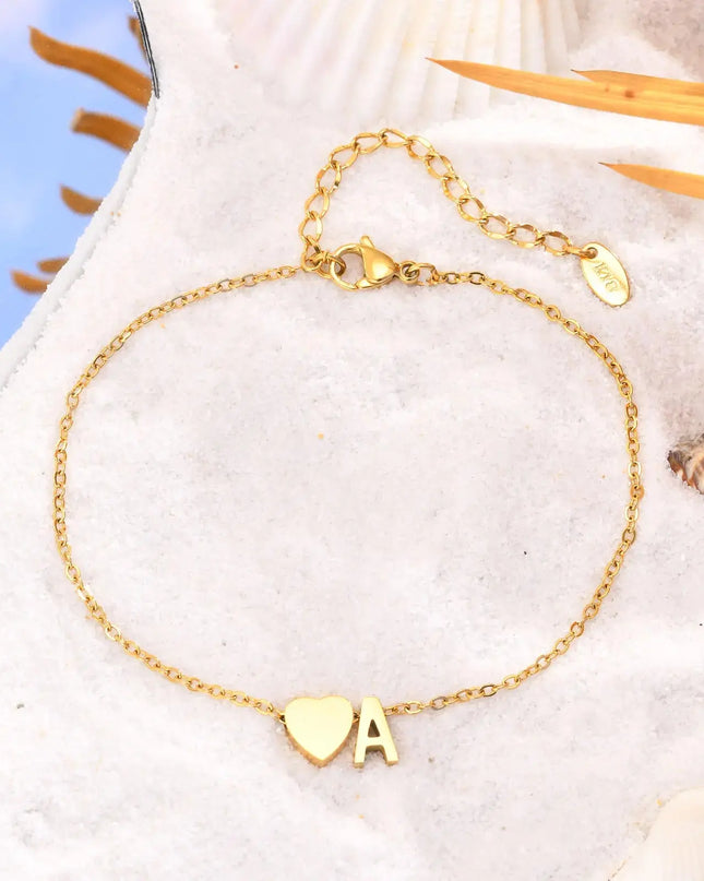Women Heart Initial Stainless Steel Personalized Anklet Bracelets Dash-4u