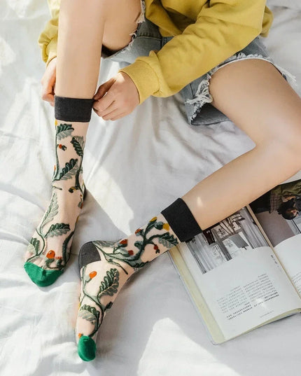 BotaniBabe Sheer Bloom Socks – Embroidered Crystal Silk Socks Dash-4u