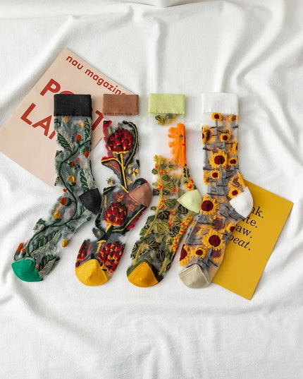 BotaniBabe Sheer Bloom Socks – Embroidered Crystal Silk Socks Dash-4u
