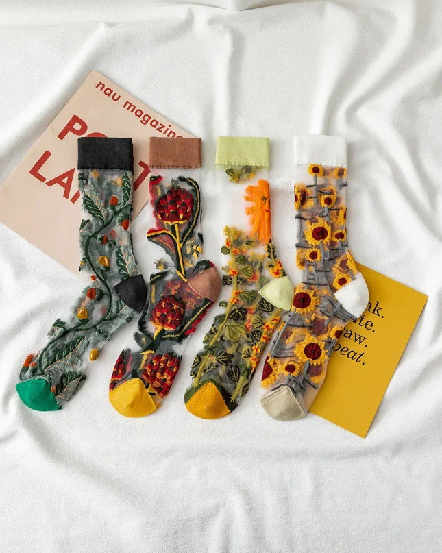 BotaniBabe Sheer Bloom Socks – Embroidered Crystal Silk Socks Dash-4u