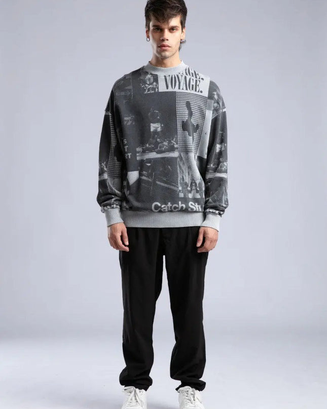 Vintage Wash Graphic Print Sweatshirt - Oversized "VOYAGE" Crewneck Dash-4u