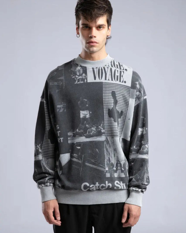 Vintage Wash Graphic Print Sweatshirt - Oversized "VOYAGE" Crewneck Dash-4u