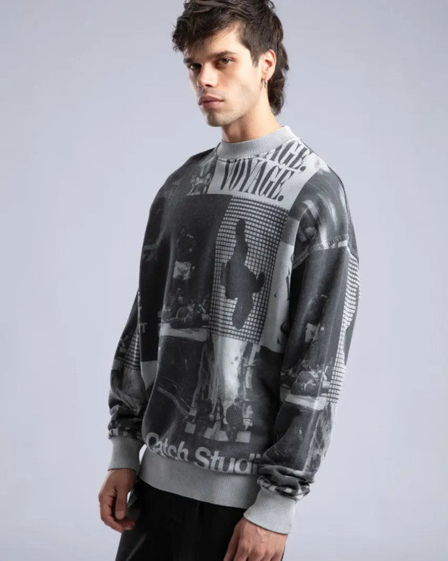 Vintage Wash Graphic Print Sweatshirt - Oversized "VOYAGE" Crewneck Dash-4u