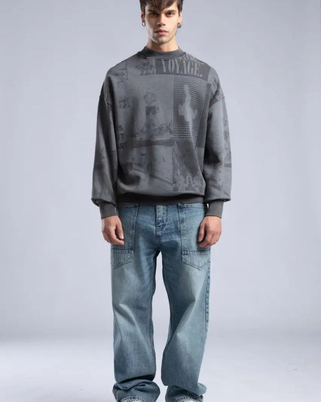 Vintage Wash Graphic Print Sweatshirt - Oversized "VOYAGE" Crewneck Dash-4u