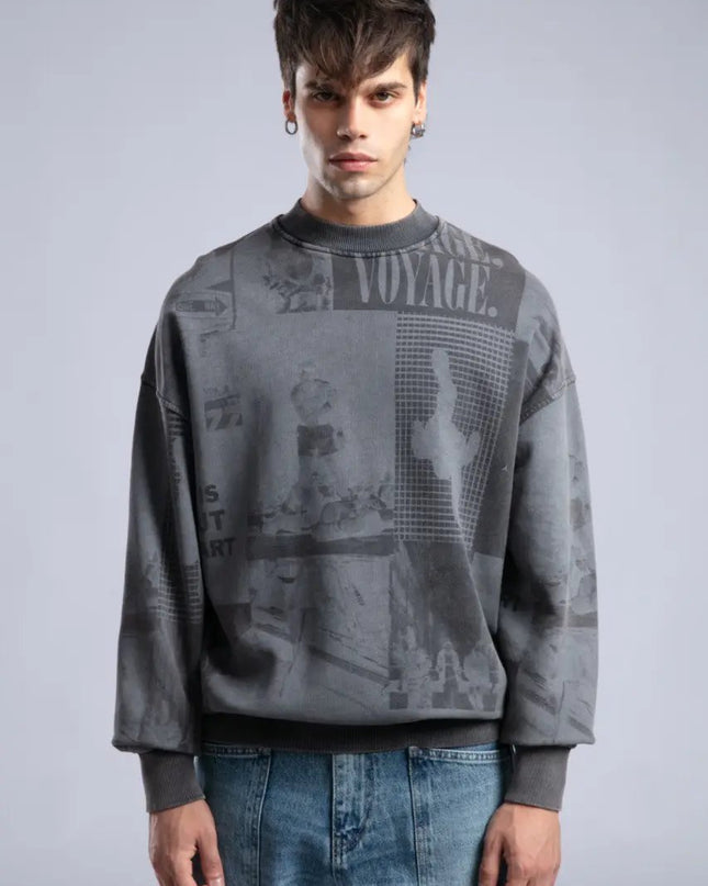 Vintage Wash Graphic Print Sweatshirt - Oversized "VOYAGE" Crewneck Dash-4u