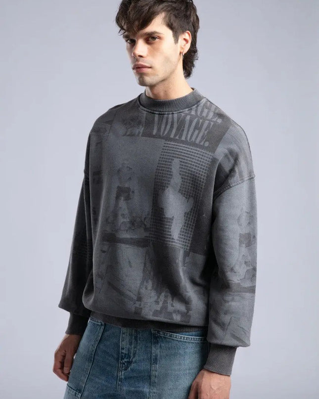 Vintage Wash Graphic Print Sweatshirt - Oversized "VOYAGE" Crewneck Dash-4u