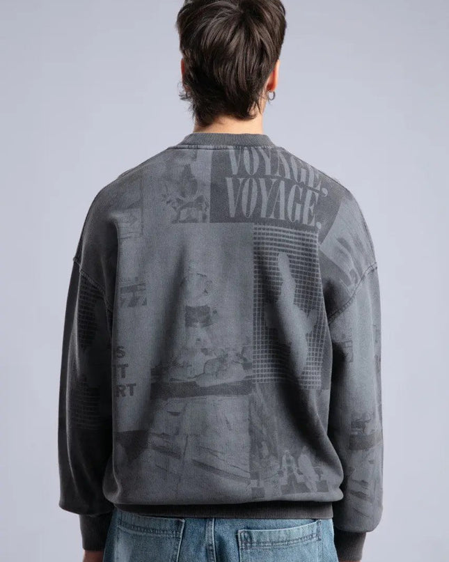 Vintage Wash Graphic Print Sweatshirt - Oversized "VOYAGE" Crewneck Dash-4u