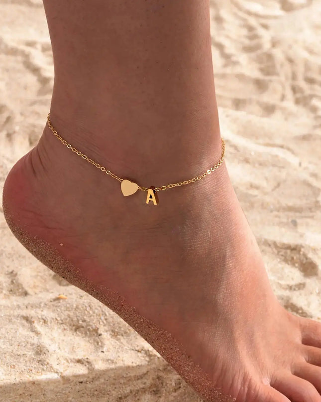 Women Heart Initial Stainless Steel Personalized Anklet Bracelets Dash-4u