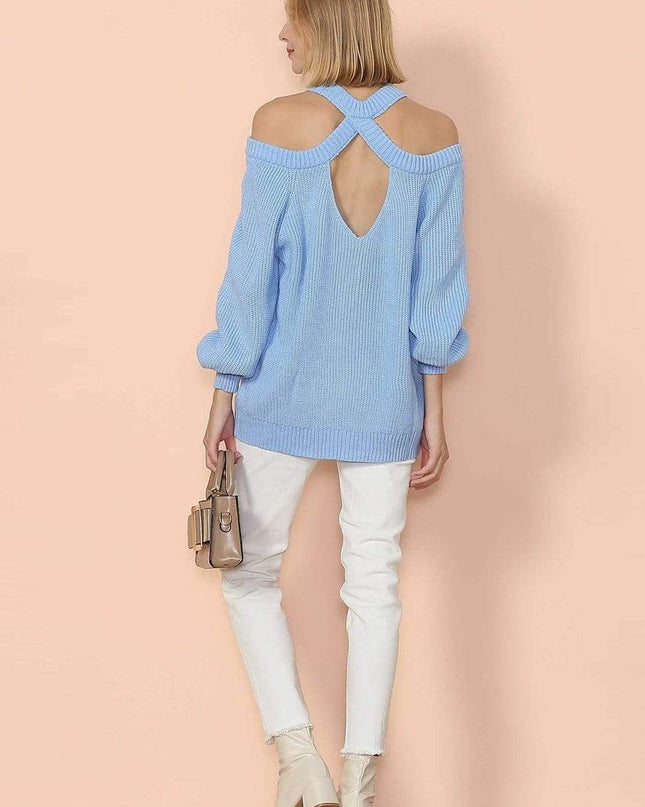 Halter Neck Knitted Semi Backless Pullover Dash-4u