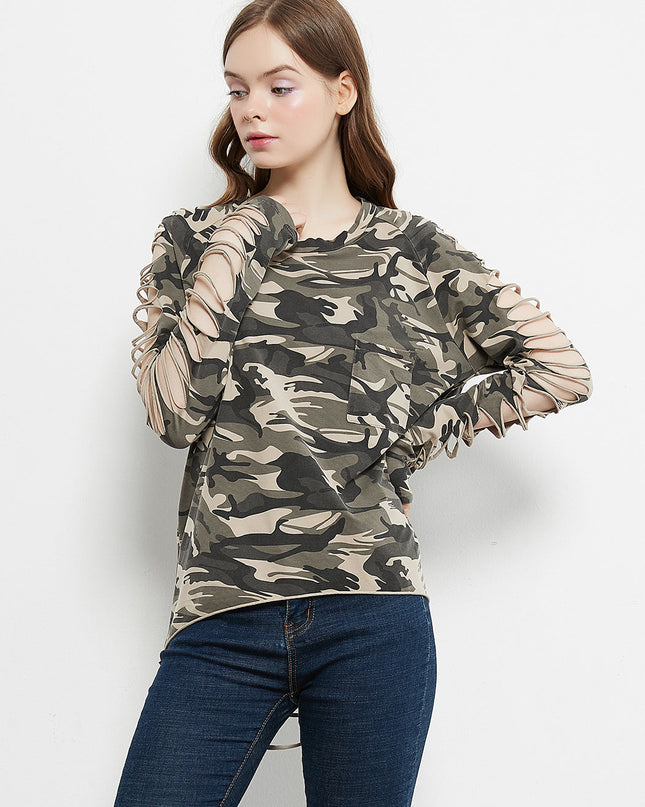Ripped Long-Sleeve Pullover Top Dash-4u