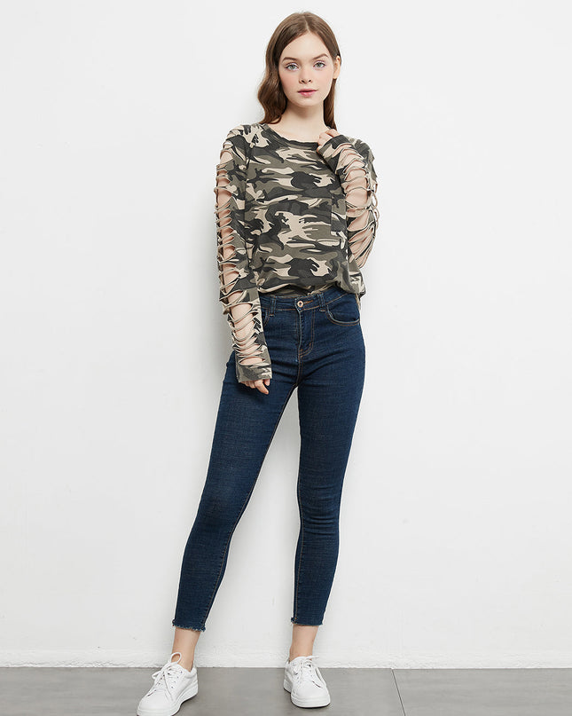 Ripped Long-Sleeve Pullover Top Dash-4u