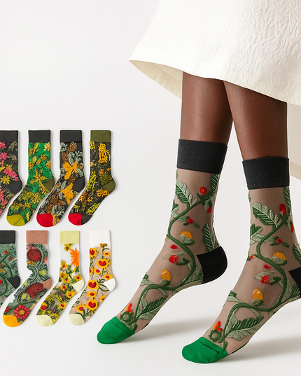BotaniBabe Sheer Bloom Socks – Embroidered Crystal Silk Socks Dash-4u